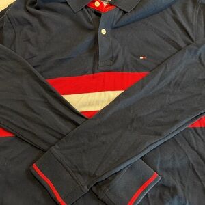 Tommy Hilfiger Navy Long-Sleeve Polo with Red & White Stripe Detail